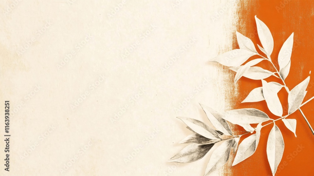 Poster white leaves on orange and cream background with subtle textured design elements