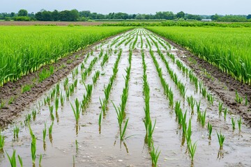 Green Rice Field with Rows of Young Plants and Reflection in Water Serenity