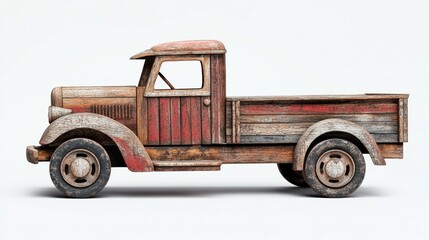 A rustic wooden truck with detailed craftsmanship, isolated on a minimalistic white background