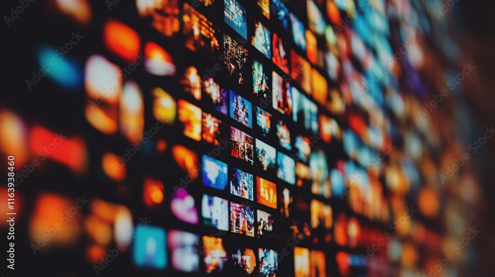 Poster vibrant multicolored screen display showcasing diverse image thumbnails in rows