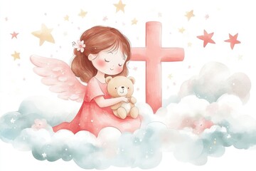 Guardian angel sitting on clouds holding teddy bear near cross