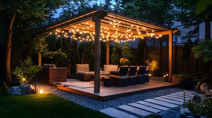 Backyard patio illuminated by warm string lights, featuring a cozy dining area under a wooden pergola, surrounded by a landscaped lawn and stone pathway, creating a tranquil and evening atmosphere.
