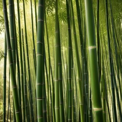 Obraz premium A dense grove of tall, slender bamboo stalks bathed in warm sunlight, creating a serene and tranquil scene.