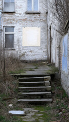 Blank poster mockup on an abandoned building with overgrown steps