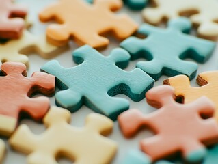 Colorful puzzle pieces scattered on a surface, creating a playful mood.