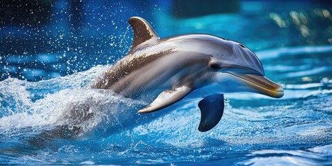 Obraz premium The dorsal fin of a dolphin cutting through the water, as it gracefully moves across the sea.