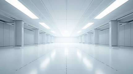 Fototapeta premium A futuristic, perspective view of an empty space with hidden lighting, a white floor, and a ceiling, creating a modern background design evoking a sense of future technology, suitable for a showroom