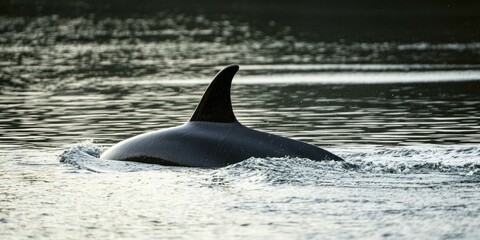Obraz premium The dorsal fin of a dolphin cutting through the water, as it gracefully moves across the sea.