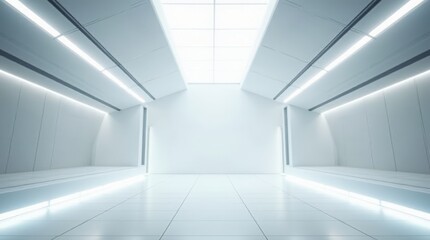 A futuristic, perspective view of an empty space with hidden lighting, a white floor, and a ceiling, creating a modern background design evoking a sense of future technology, suitable for a showroom