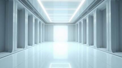 Obraz premium A futuristic, perspective view of an empty space with hidden lighting, a white floor, and a ceiling, creating a modern background design evoking a sense of future technology, suitable for a showroom