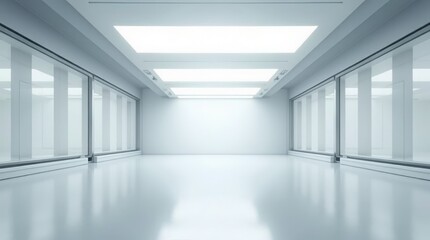 Fototapeta premium A futuristic, perspective view of an empty space with hidden lighting, a white floor, and a ceiling, creating a modern background design evoking a sense of future technology, suitable for a showroom