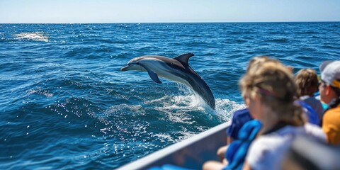 Tourists on a boat, enjoying a dolphin tour and watching dolphins leap from the water. © Chanrothana Pech