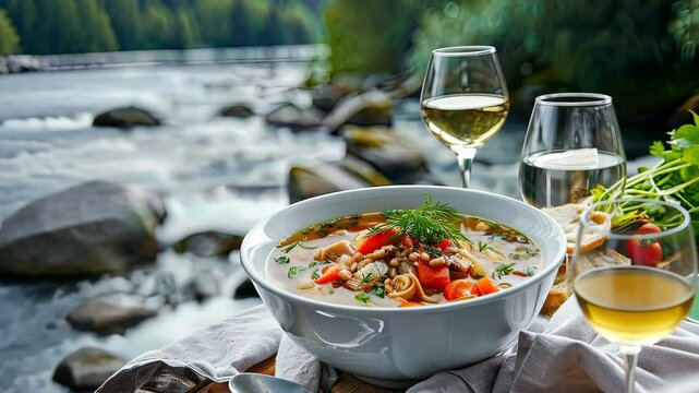 Fish soup with a river in the background. Selective focus. nature.