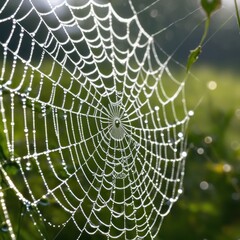 A dew-laden spiderweb shimmers in the darkness capturing the intricate beauty of nature's delicate artistry.