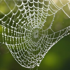 Fototapeta premium A dew-laden spiderweb shimmers in the darkness capturing the intricate beauty of nature's delicate artistry.