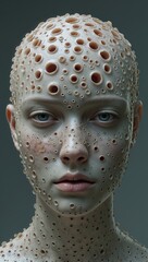 Eerie Trypophobia Portrait: Human Face Covered in Organic Holes