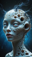 Eerie Trypophobia Portrait: Human Face Covered in Organic Holes