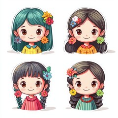 Cute Cartoon Girls with Flower Stickers