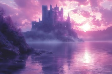 Naklejka premium a fairytale castle standing majestically against a surreal purple sky, casting enchanting reflections on the calm water below, evoking a sense of wonder and fantasy