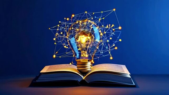 Illuminated lightbulb atop open book, symbolizing knowledge and ideas.