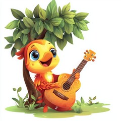 Obraz premium Colorful Cartoon Bird Playing Guitar Under Tree
