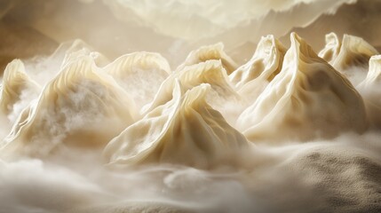Delicate dumplings resembling misty mountain peaks in soft light