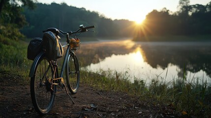 A bicycle parked near a lake with a sunrise in the background