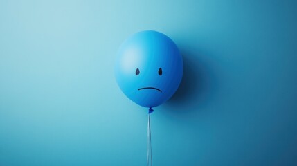 blue balloon on a blue background with a sad face drawn. Blue monday concept.