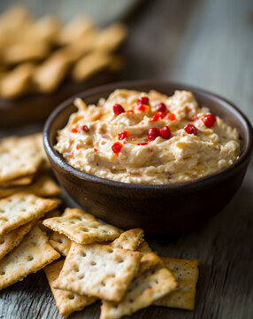 Southern pimento cheese spread on crackers, with a rustic bowl of the dip in the background, garnished with bright red pimentos