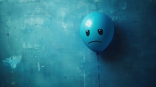 blue balloon on a blue background with a sad face drawn. Blue monday concept.