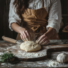 Hands of a Young Woman Preparing Dough for Fresh Bread at Kitchen Table &ndash; Baking and Cooking Concept baker kneading dough on table