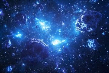 Obraz premium Picture of astronaut spacewalking with glowing stars and asteroids. Deep space image, science fiction fantasy in high resolution ideal for wallpaper and print
