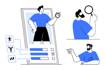 Man emerging from smartphone, fitness tracker icons, two men examining, engaging elements. Ideal for app design, user experience, health, fitness technology online interaction motivation. abstract