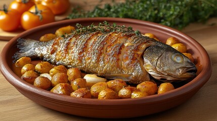 Roasted fish with potatoes and herbs.
