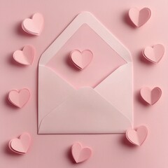 Pink envelope and blank form with paper pink hearts on a pink background. Valentine's Day card.Copy space.