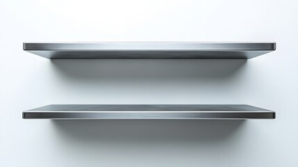 Brushed stainless steel floating shelves with a minimalist industrial design, mounted on a clean white wall, showcasing a three-tier shelf system with sharp shadows and professional studio lighting