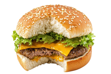 A delicious hamburger featuring a sesame seed bun, crisp lettuce, melted cheese, and a juicy beef patty with a bite taken out.