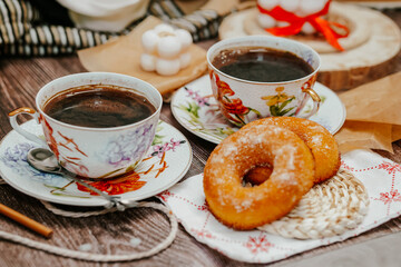Cozy vintage room and breakfast for two with hot strong coffee and buns