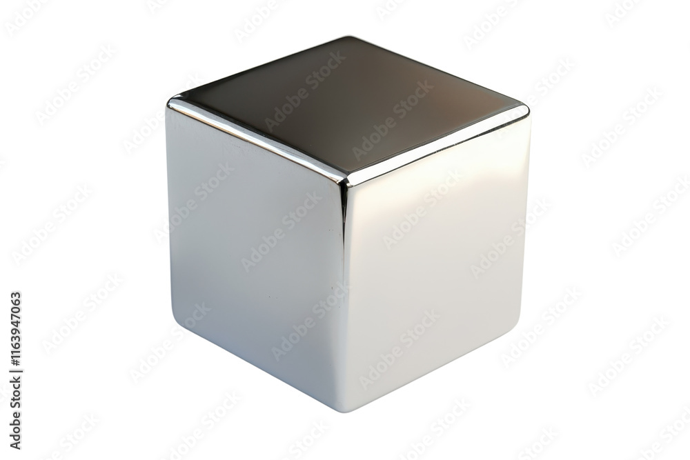 Poster a shiny, metallic cube with smooth surfaces and sharp edges, reflecting light and exhibiting a polis