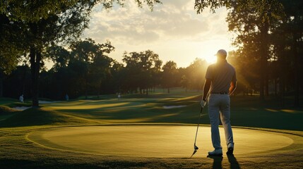 A golfer preparing to take a swing on a well-maintained green