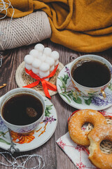 Cozy vintage room and breakfast for two with hot strong coffee and buns