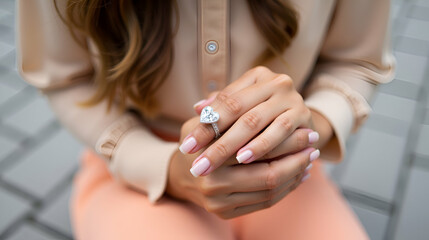 Engagement ring displayed on a woman's hands in a stylish outdoor setting