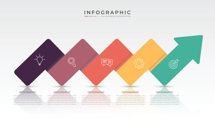 Business presentation growth arrow template. Infographic 5 steps or process to success. Vector illustration.