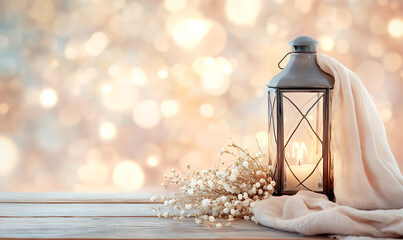Fototapeta premium Glowing lantern on a wooden table adorned with dried flowers and linen cloth for product display against blurred pastel-colored background featuring a spacious Copyspace for text placement