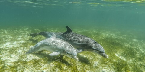Fototapeta premium A baby dolphin swimming alongside its mother in the clear, shallow waters.