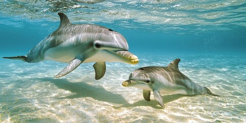 Obraz premium A baby dolphin swimming alongside its mother in the clear, shallow waters.