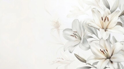 Fototapeta premium white lily flowers banner. White lily flower on white background. Floral wedding card, celebration, invitation, farewell greeting, condolence. 