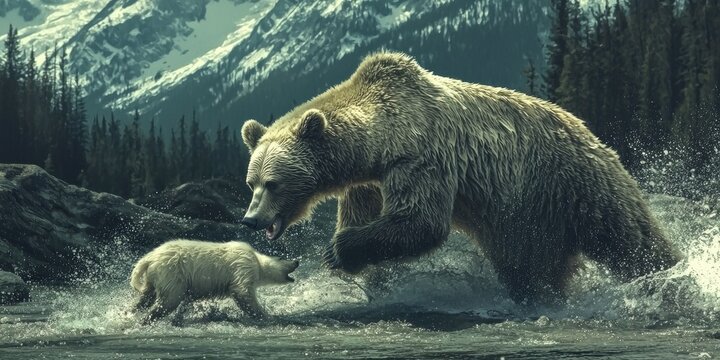 A bear attacking a defenseless animal in the wild, demonstrating the harsh reality of nature.