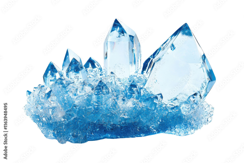 Poster a cluster of shimmering blue crystals with various sizes and sharp points, showcasing their natural 
