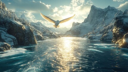 Obraz premium Snowy owl in flight over icy river, mountains.